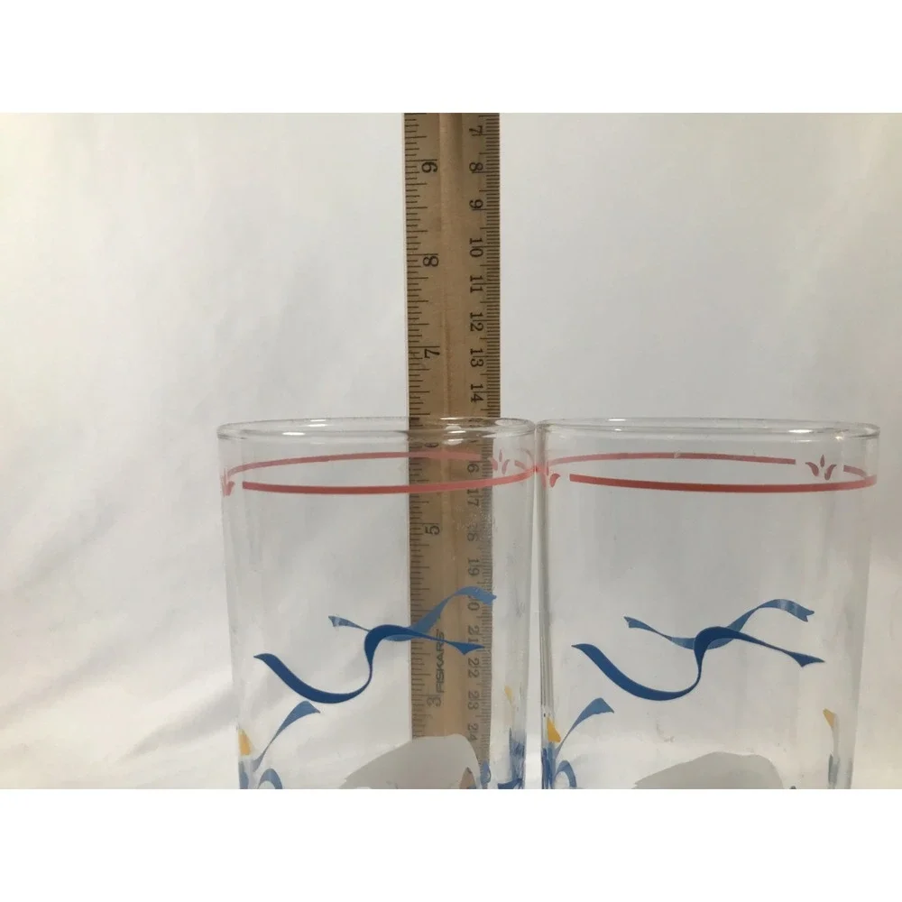 Vintage 80s Country Goose Drinking Glasses White Blue Ribbon Hearts Set of 2